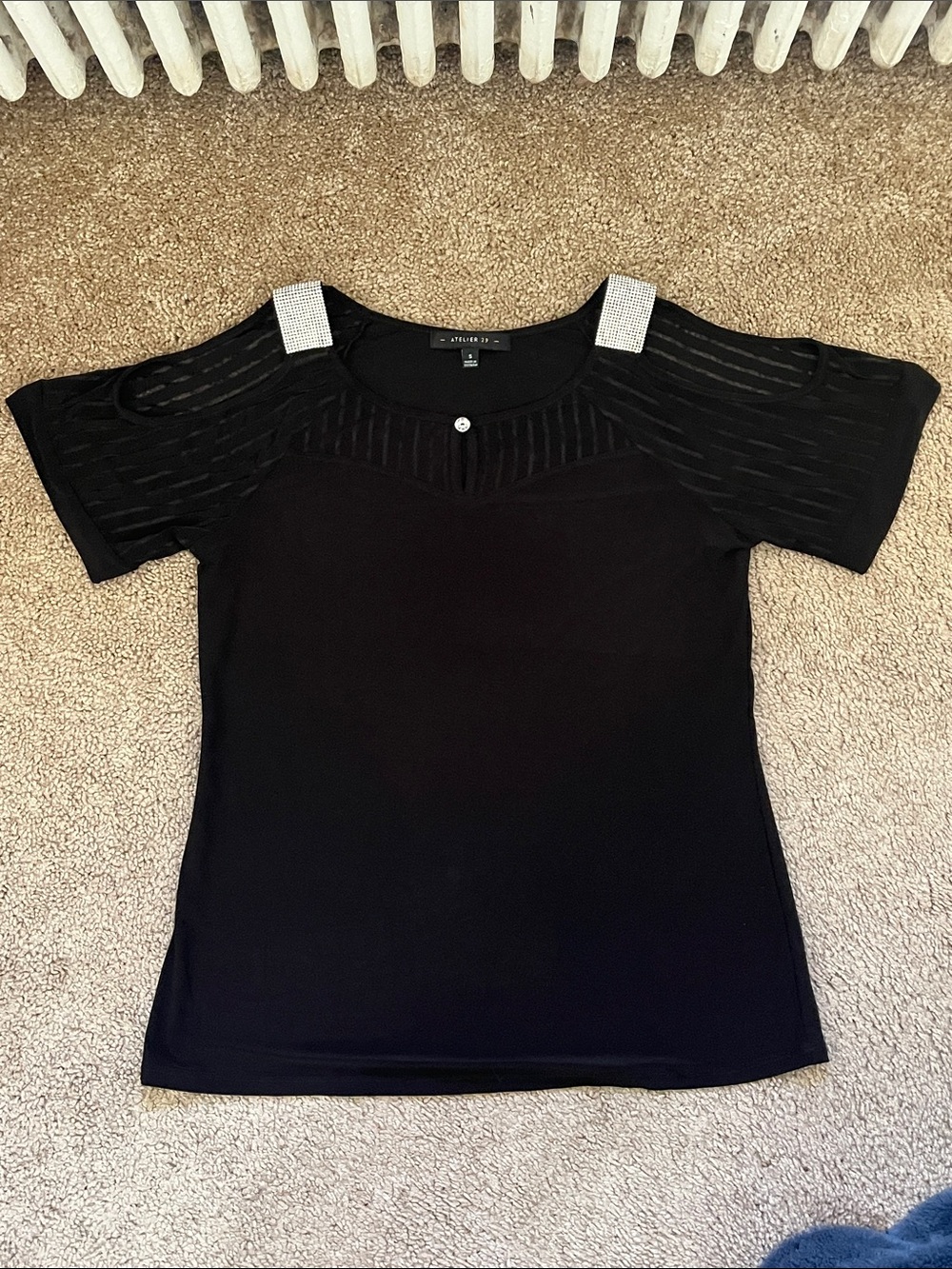 Black Short-Sleeve Cold Shoulder Top with Rhinestone Straps